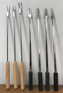 Set Lot 7 Bodum Vtg Style Wooden 2 Prong Fondue Cocktail Hor Dourves Meat Forks